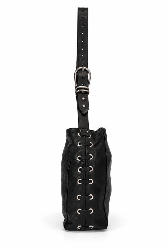 FOREVER LEATHER #16: Black Grommeted Lace-Up Leather Shoulder Bag
