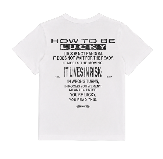 Lucky Tee back — double-sided poetry graphic tee — reclaimed cotton