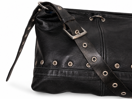 FOREVER LEATHER #15: Black Grommeted Reworked Leather Shoulder Bag