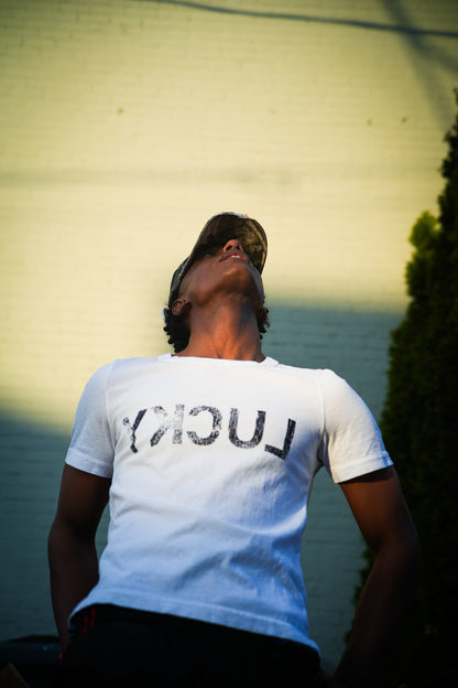 Lucky Tee worn — slim vintage fit — wearable art graphic tee
