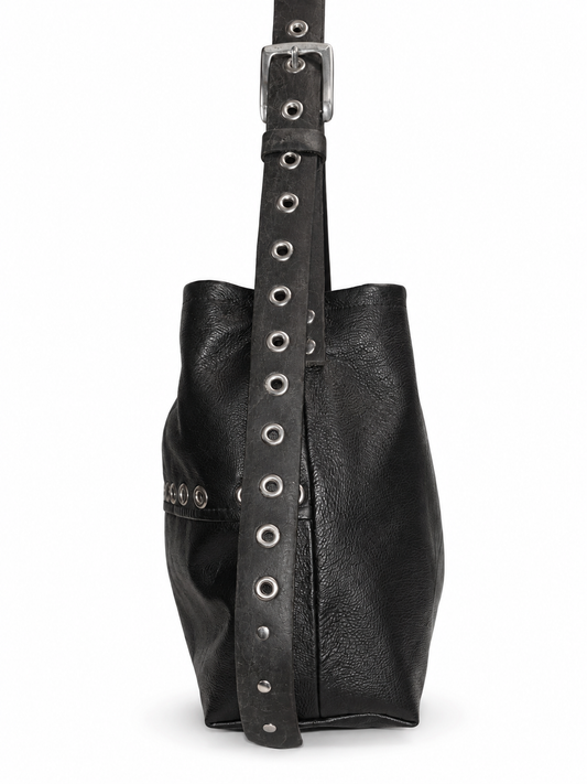 FOREVER LEATHER #17: Black Grommeted Lace-Up Leather Shoulder Bag