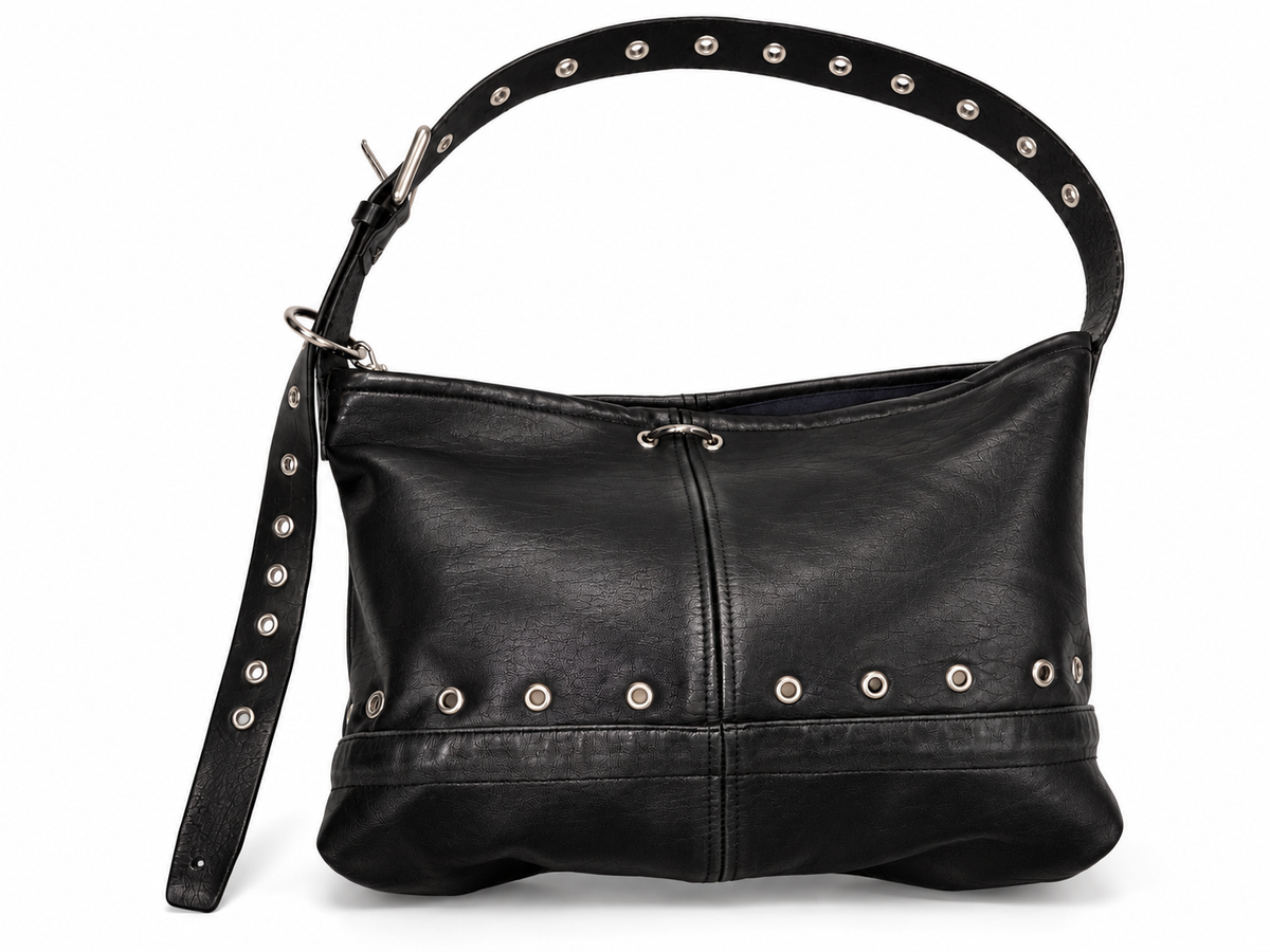 FOREVER LEATHER #15: Black Grommeted Reworked Leather Shoulder Bag