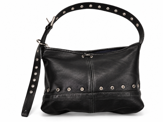 FOREVER LEATHER #15: Black Grommeted Reworked Leather Shoulder Bag