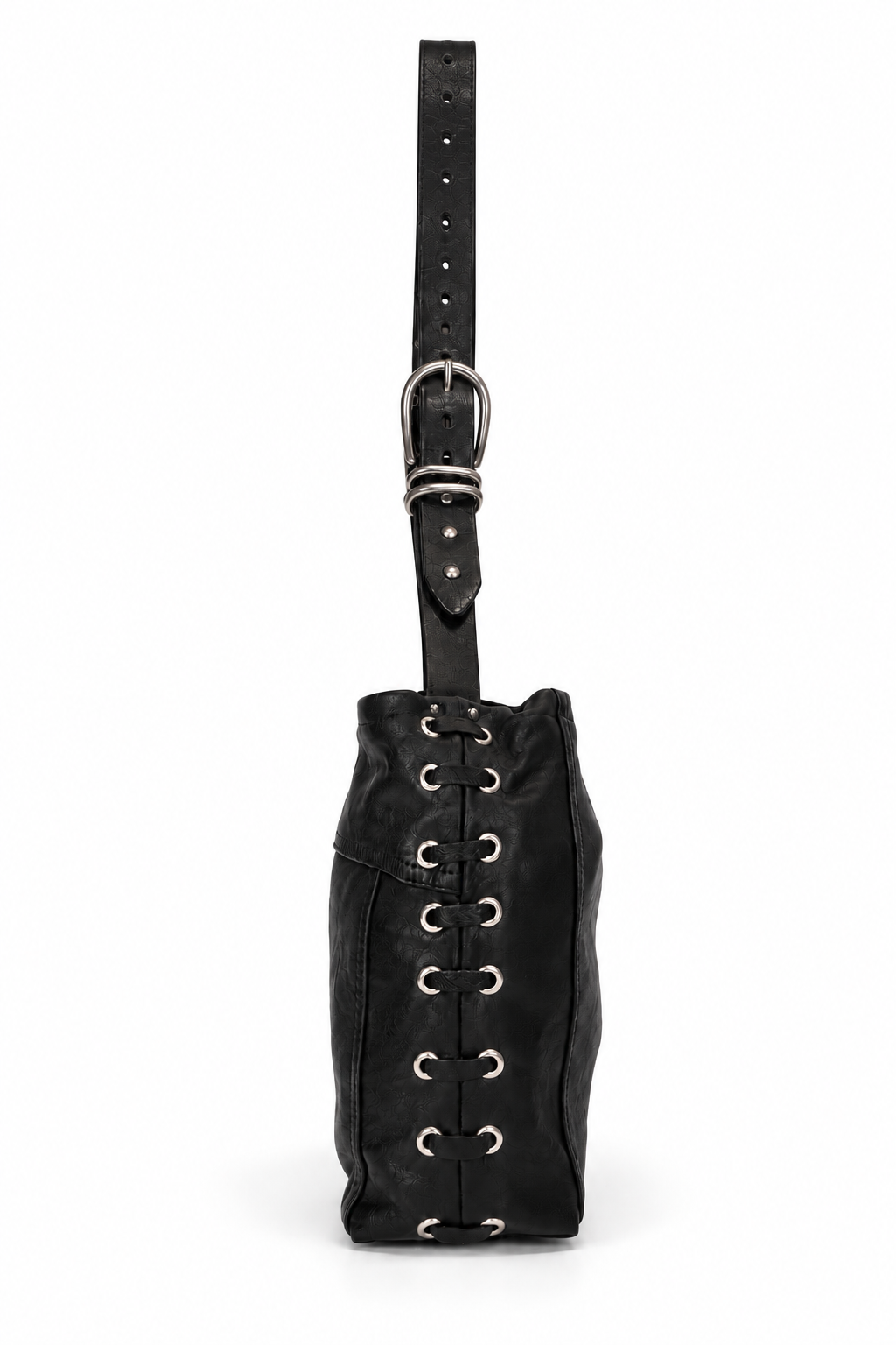 FOREVER LEATHER #16: Black Grommeted Lace-Up Leather Shoulder Bag