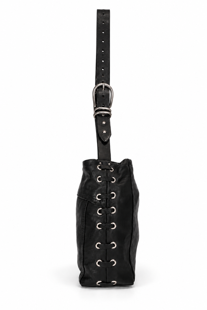 FOREVER LEATHER #16: Black Grommeted Lace-Up Leather Shoulder Bag