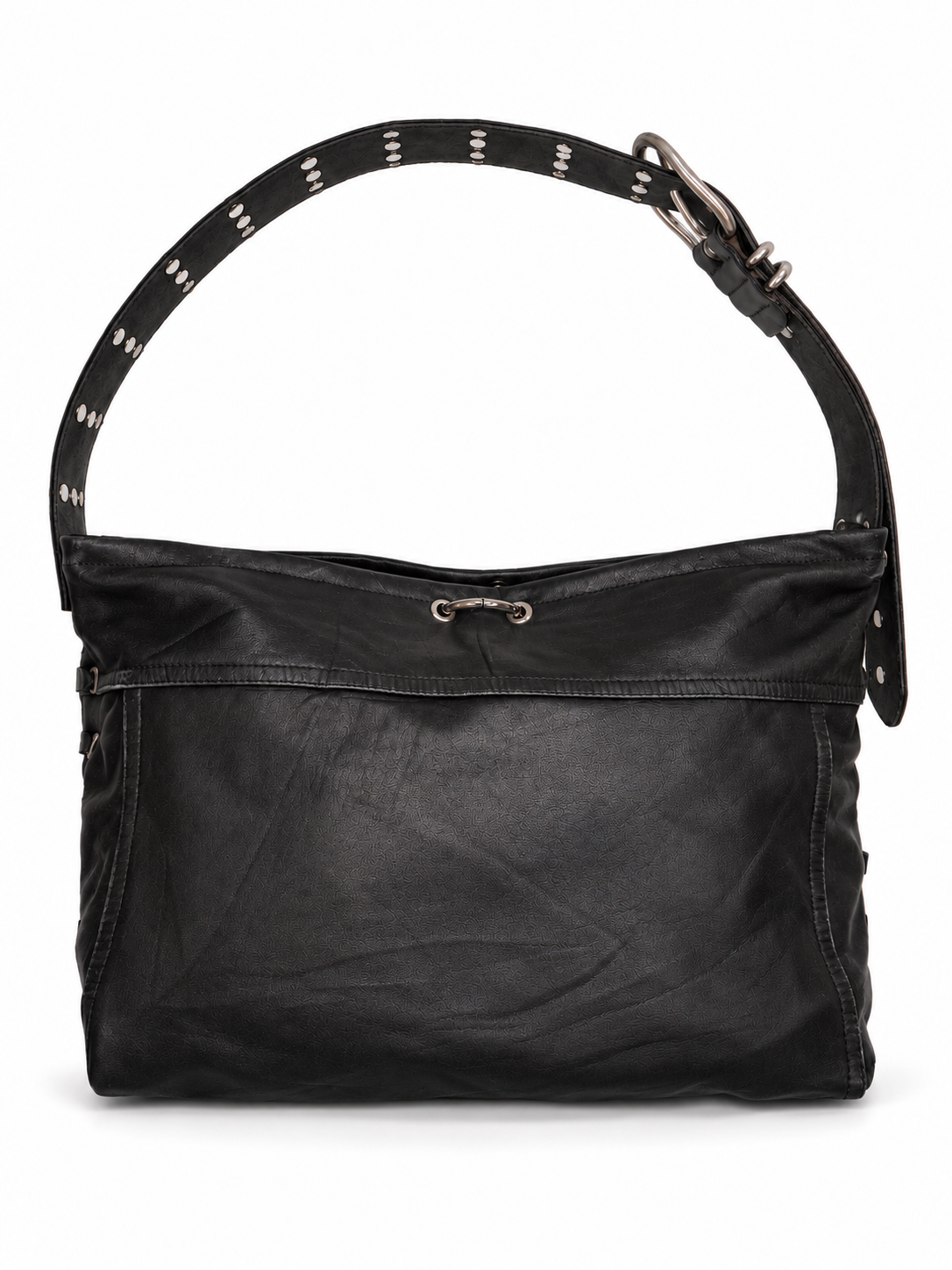 FOREVER LEATHER #16: Black Grommeted Lace-Up Leather Shoulder Bag