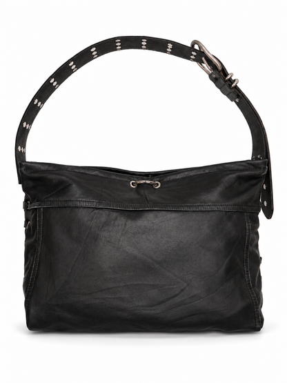 FOREVER LEATHER #16: Black Grommeted Lace-Up Leather Shoulder Bag
