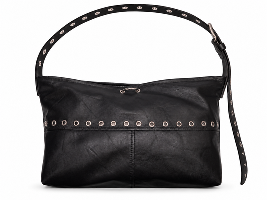 FOREVER LEATHER #17: Black Grommeted Lace-Up Leather Shoulder Bag