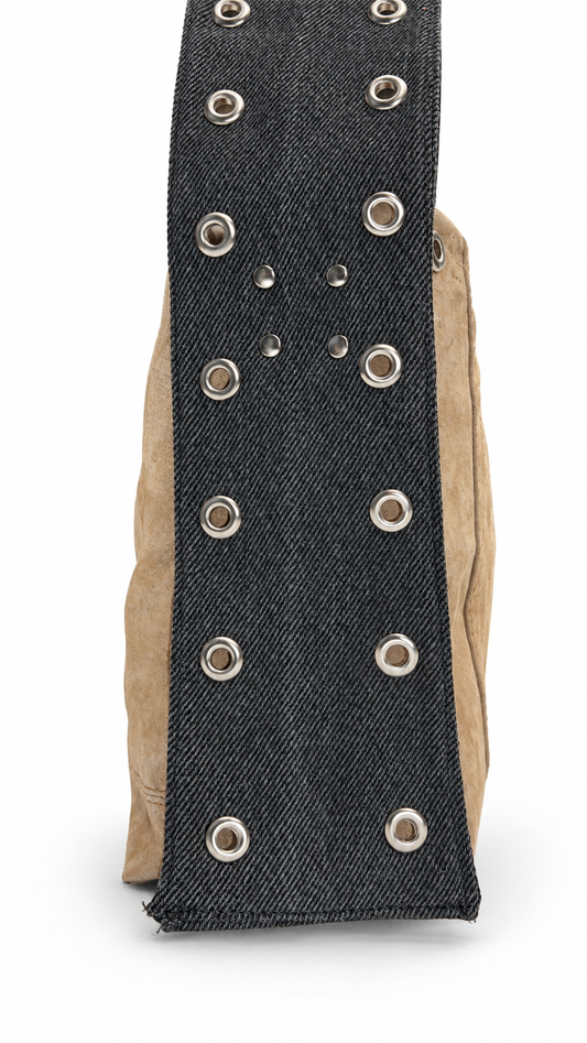 FOREVER LEATHER #18: Tan Grommeted Suede Shoulder Bag