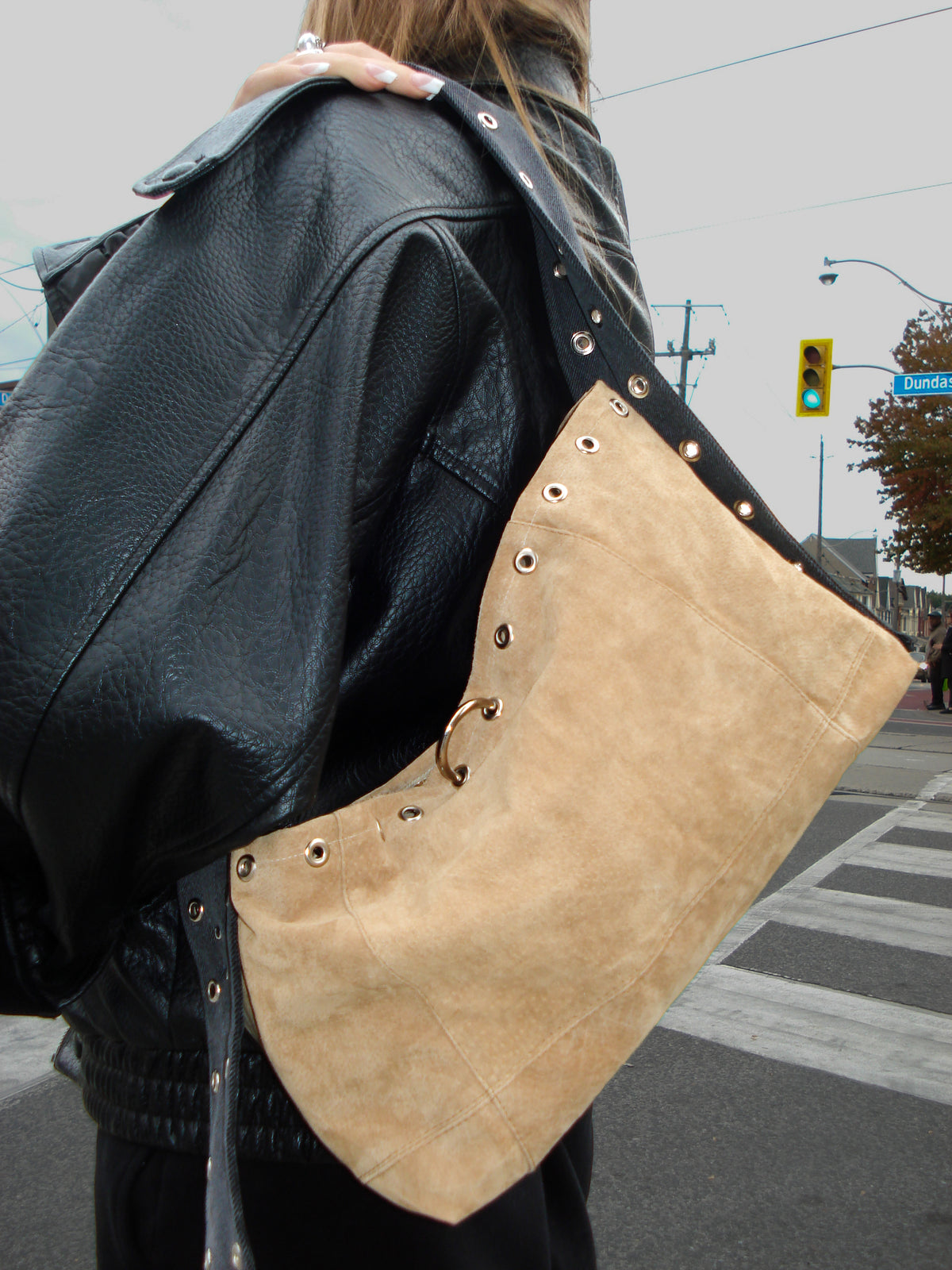 FOREVER LEATHER #18: Tan Grommeted Suede Shoulder Bag