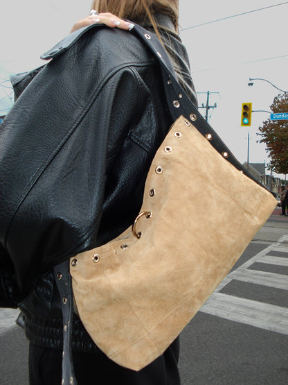FOREVER LEATHER #18: Tan Grommeted Suede Shoulder Bag
