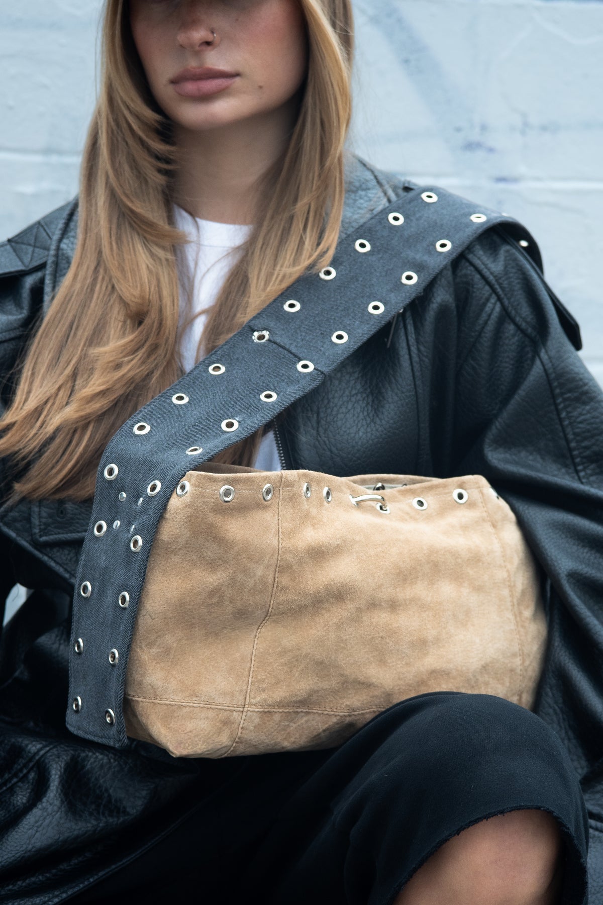 FOREVER LEATHER #18: Tan Grommeted Suede Shoulder Bag