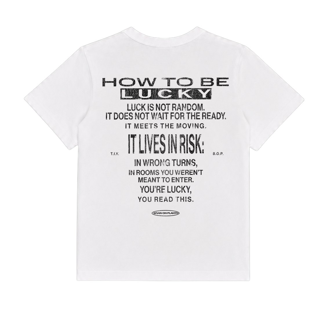 Lucky Tee back — double-sided poetry graphic tee — reclaimed cotton