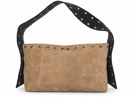 FOREVER LEATHER #18: Tan Grommeted Suede Shoulder Bag