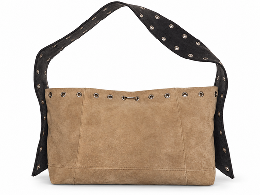 FOREVER LEATHER #18: Tan Grommeted Suede Shoulder Bag